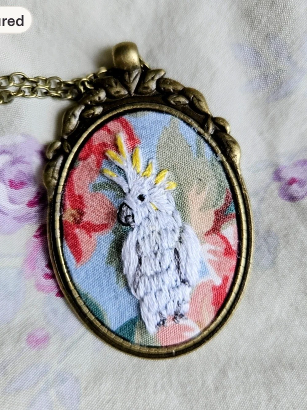 Cockatoo Pendant Necklace Hand Embroidered On Vintage Fabric One If A Kind